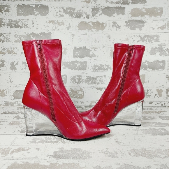 NEW Open Edit Erika Red Cranberry Faux Leather Pointed Toe Wedge Booties F625 - Picture 5 of 13
